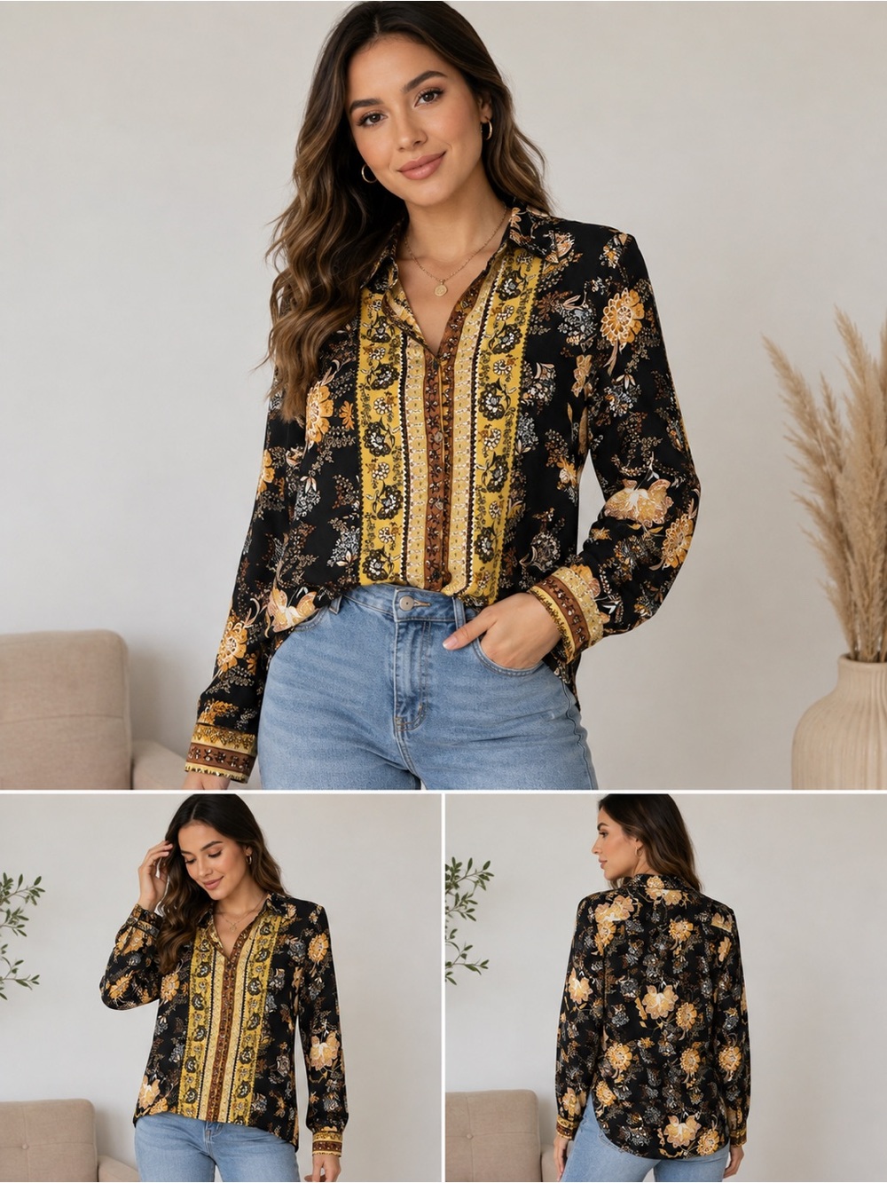 Timing Black Floral Button-Down Shirt with Mustard Trim